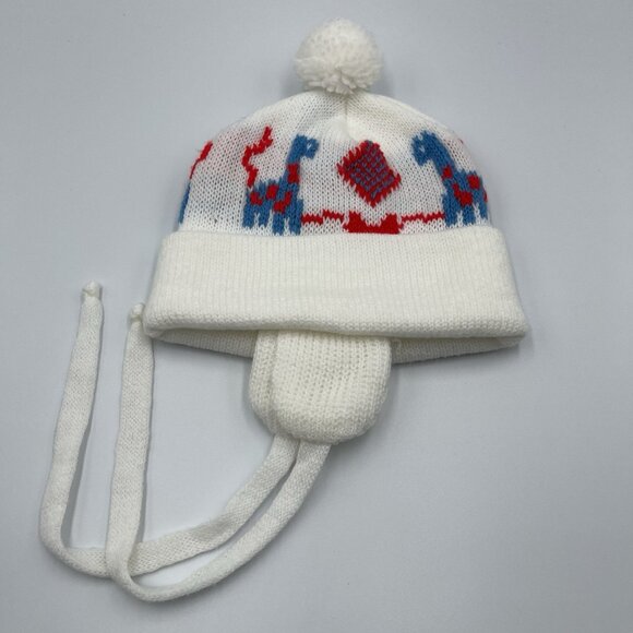 Handmade Other - Vintage Red Blue White Giraffe Baby Winter Beanie Hat with Ear Flaps